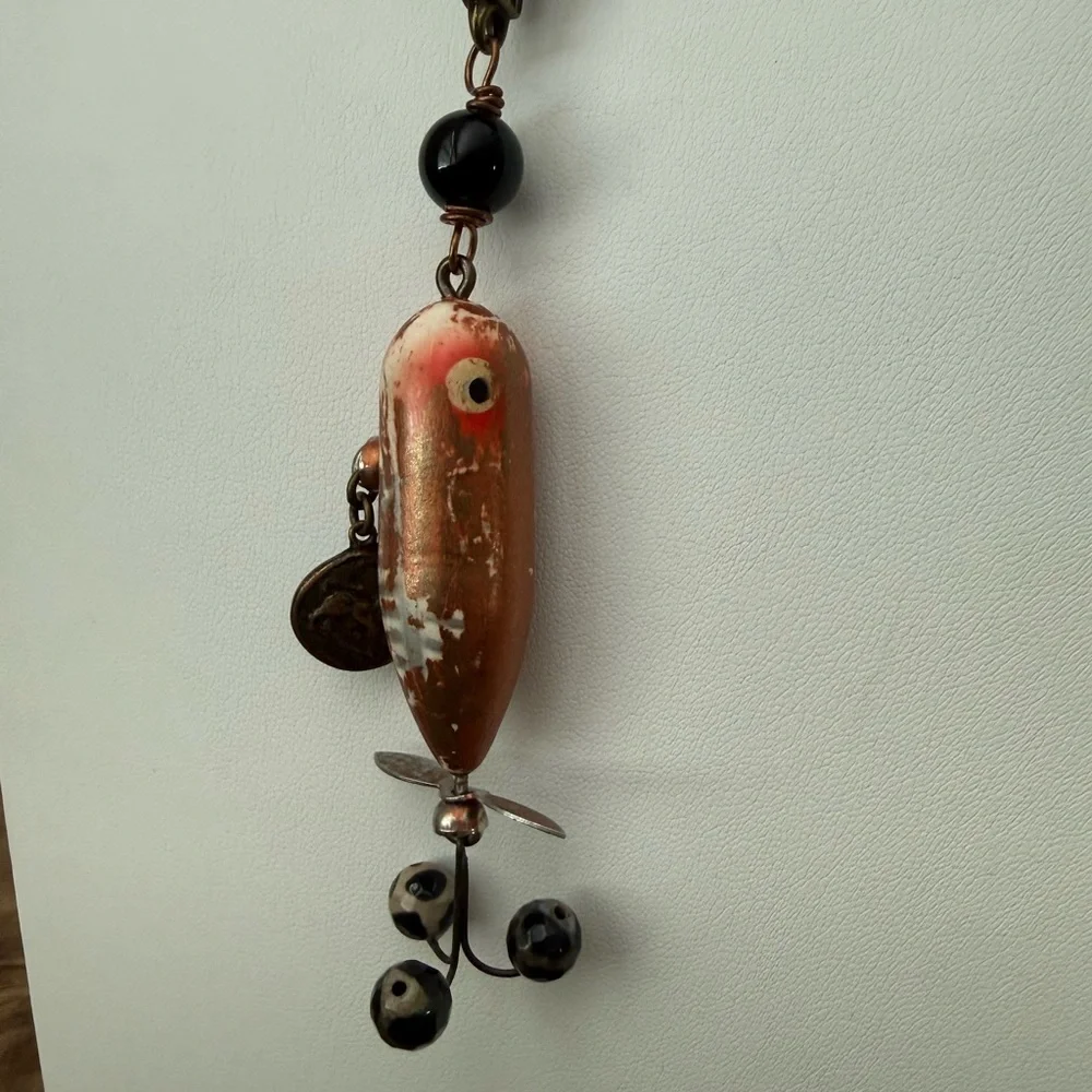 Vintage Blue and Orange Beaded Necklace with Heddon Fishing Lure Pendant